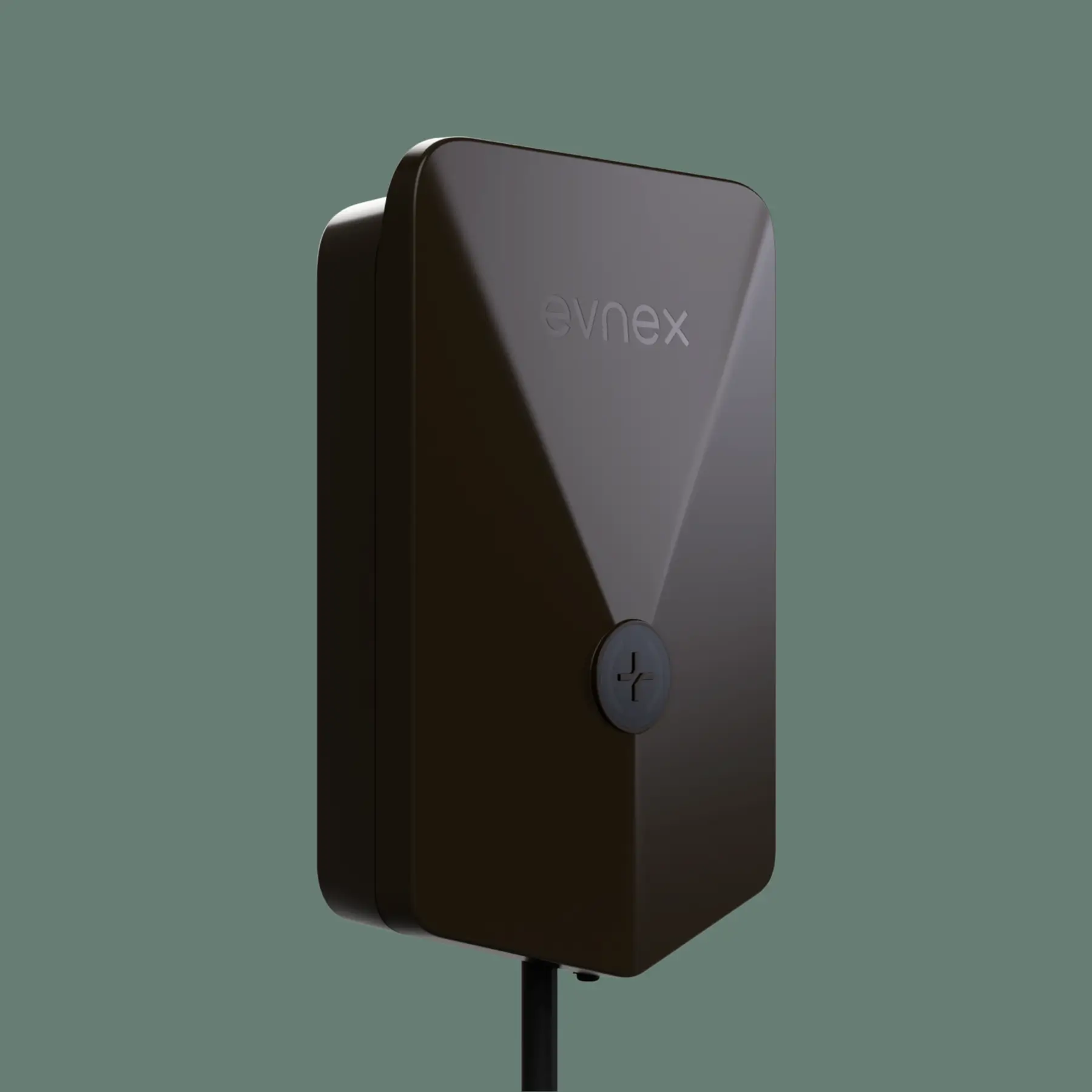 Profile view of the Evnex E2 Flex EV charger highlighting its compact, minimalistic casing design and front-facing dial.